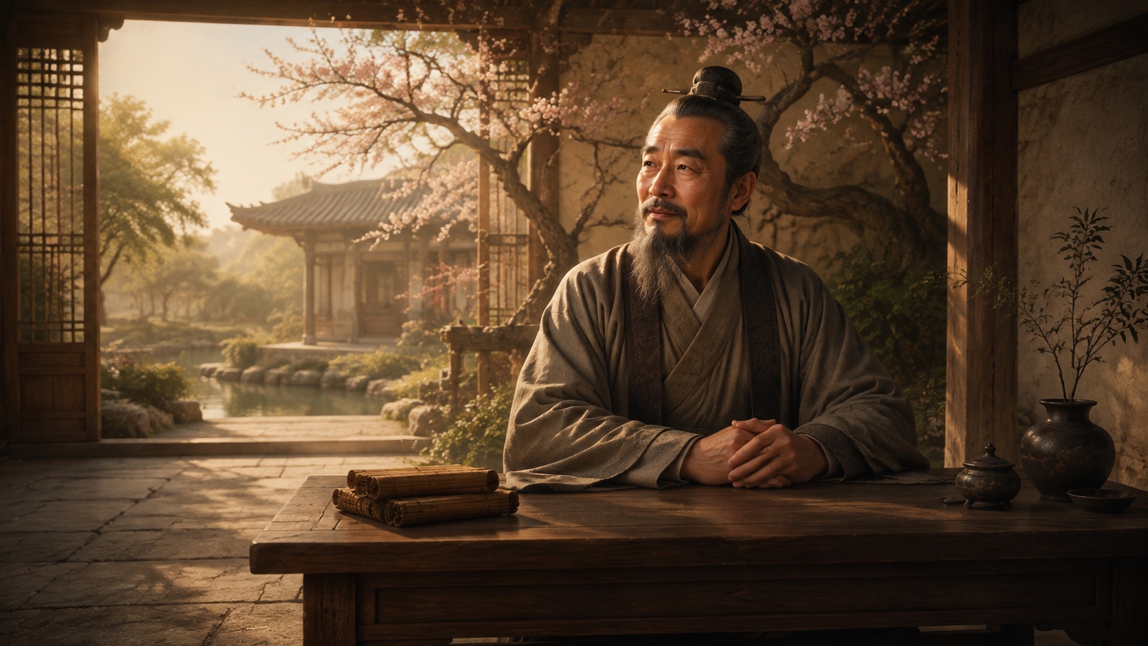 Confucius in an imagined teaching courtyard · artistic interpretation, not a verified likeness.