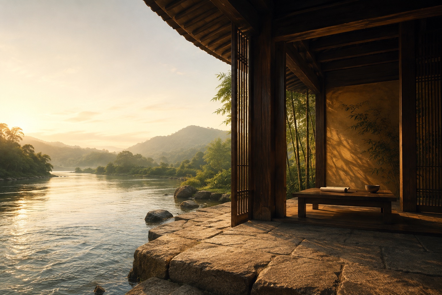 An imagined waterside pavilion inspired by Daoist imagery; not a historical reconstruction.