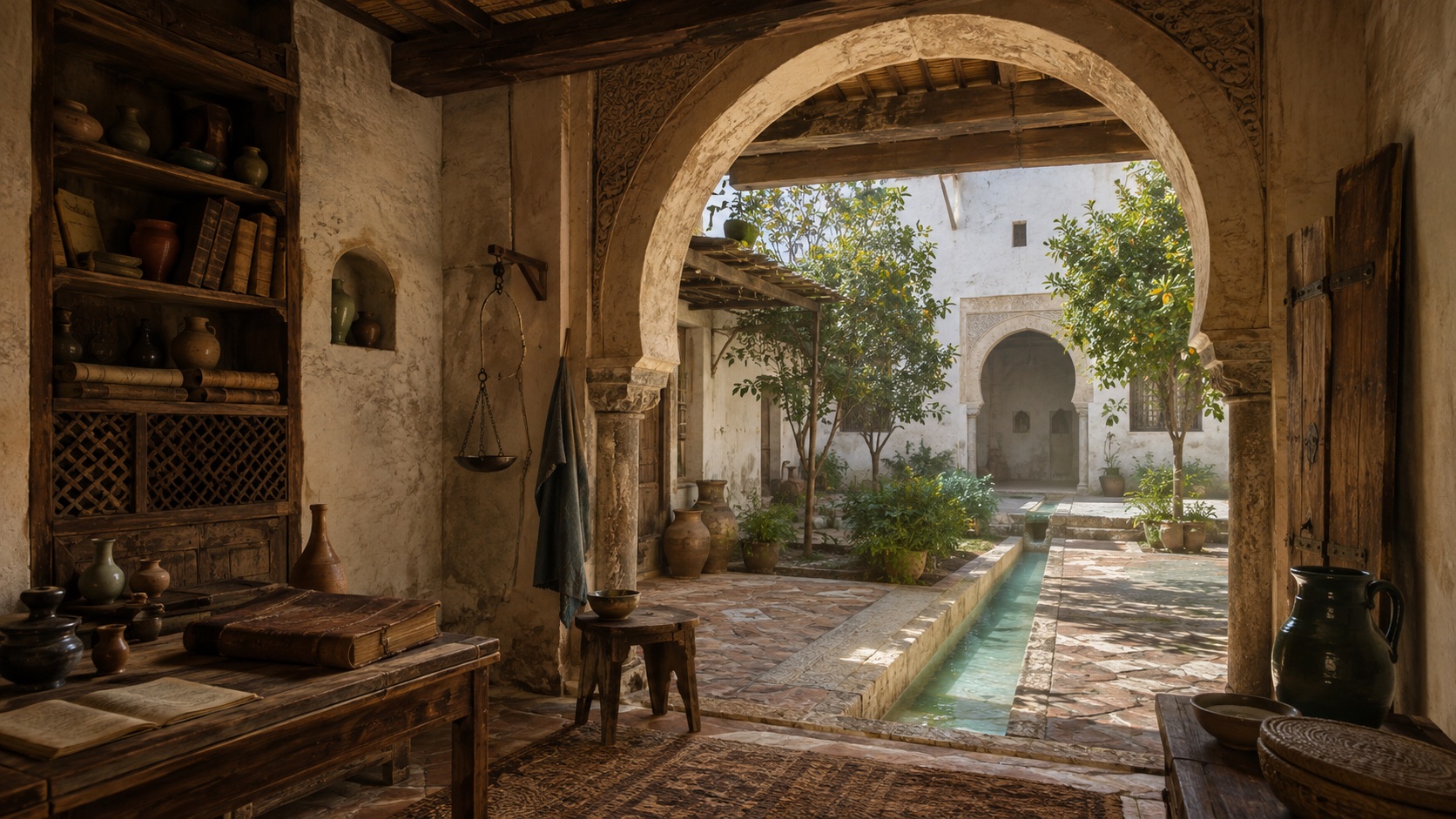 An imagined Andalusi courtyard, with horseshoe arches, citrus trees, water and a room for books and medicine.