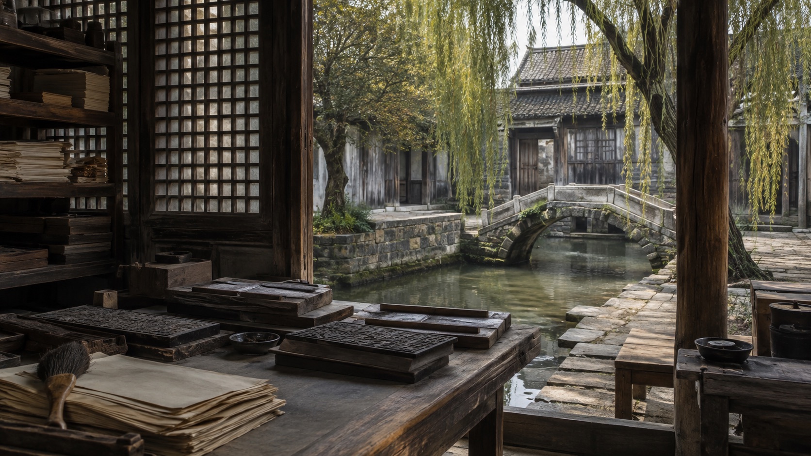 An imagined Song-era riverside printing study with woodblocks, paper, lattice windows and a willow-lined canal.