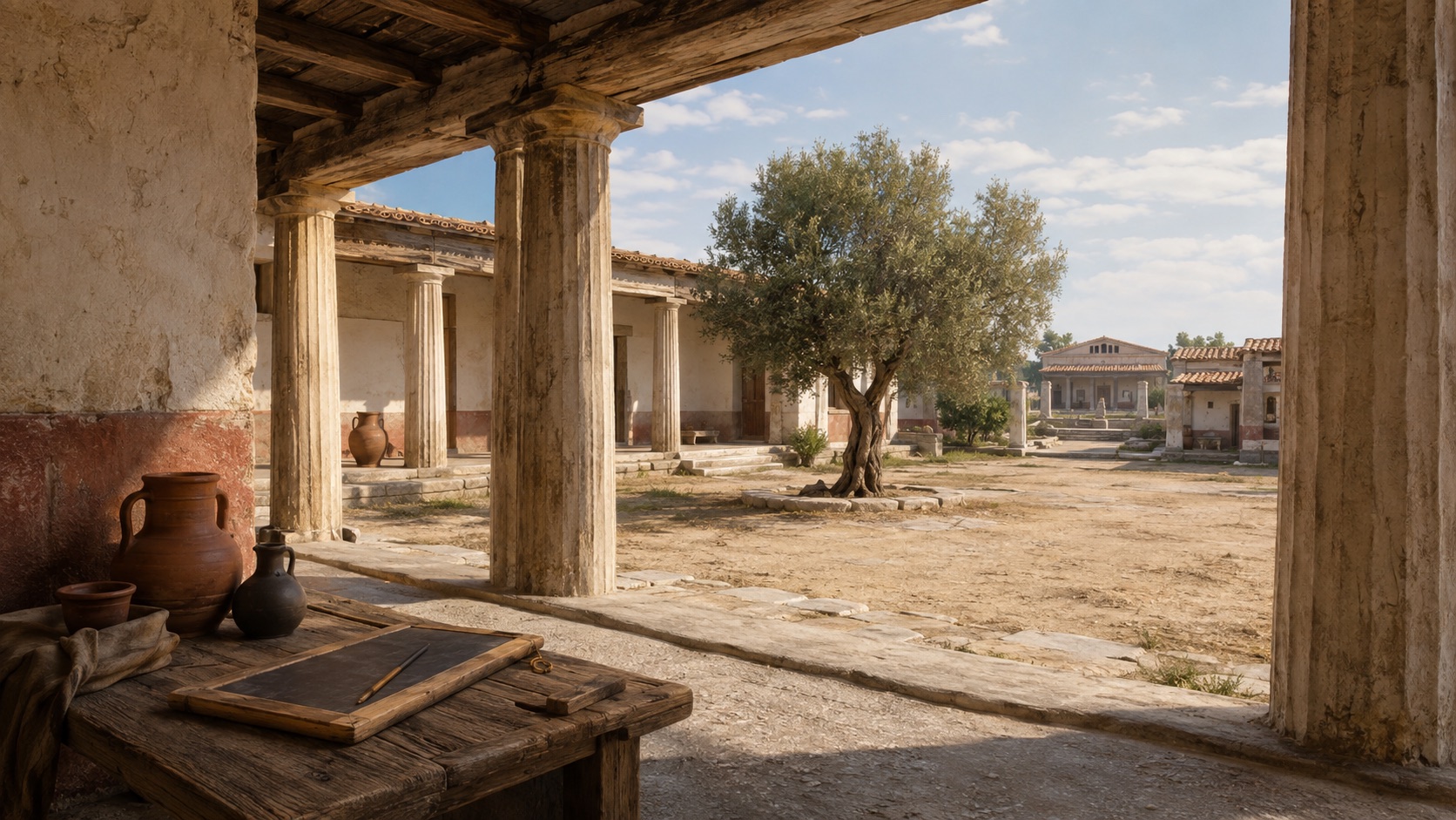 An imagined Classical Athenian courtyard, with a shaded writing bench, olive tree and distant civic buildings.