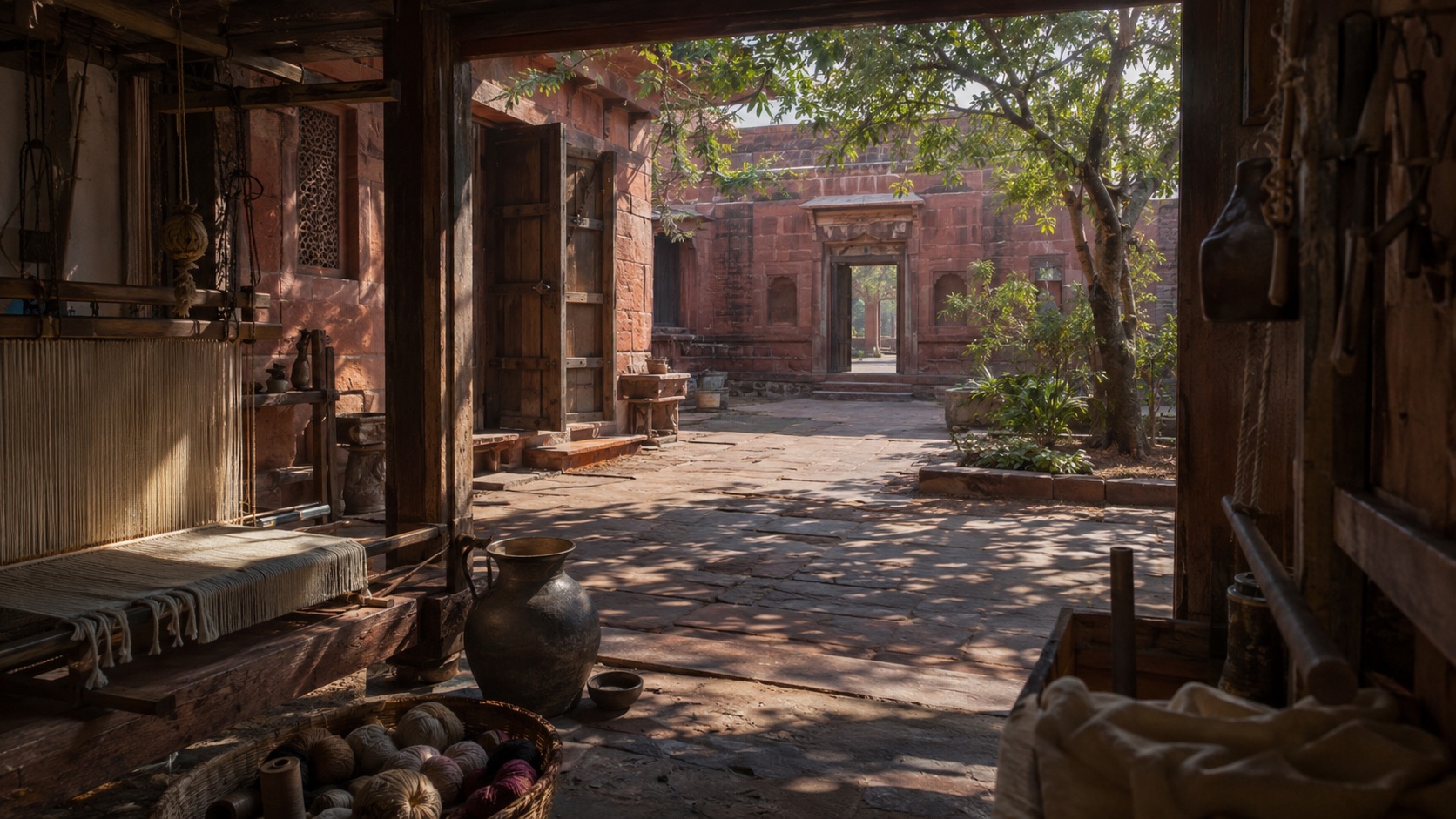 An imagined sixteenth-century northern Indian weaving workshop opening onto a red-stone courtyard.