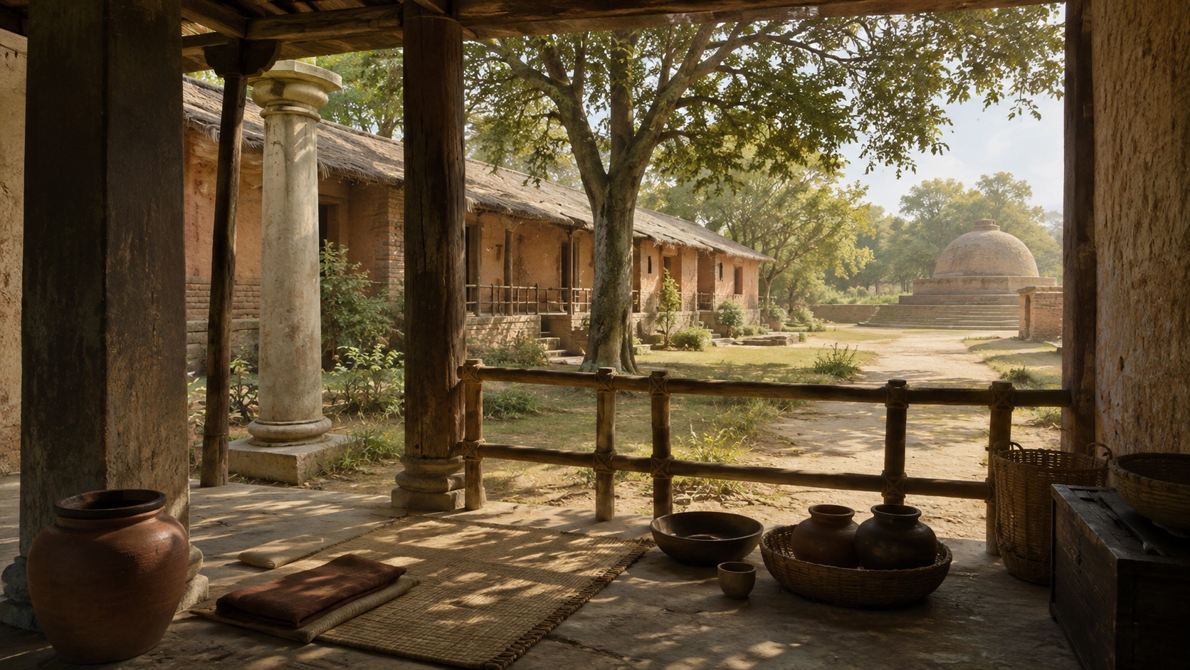 An imagined third-century BCE monastic courtyard with simple earth-and-brick buildings, a sandstone pillar and a distant stupa.