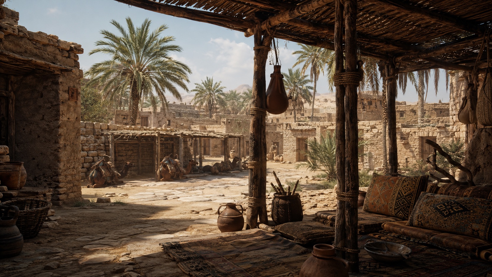 An imagined late-antique Arabian oasis courtyard, with mud-brick walls, palms and resting camels.
