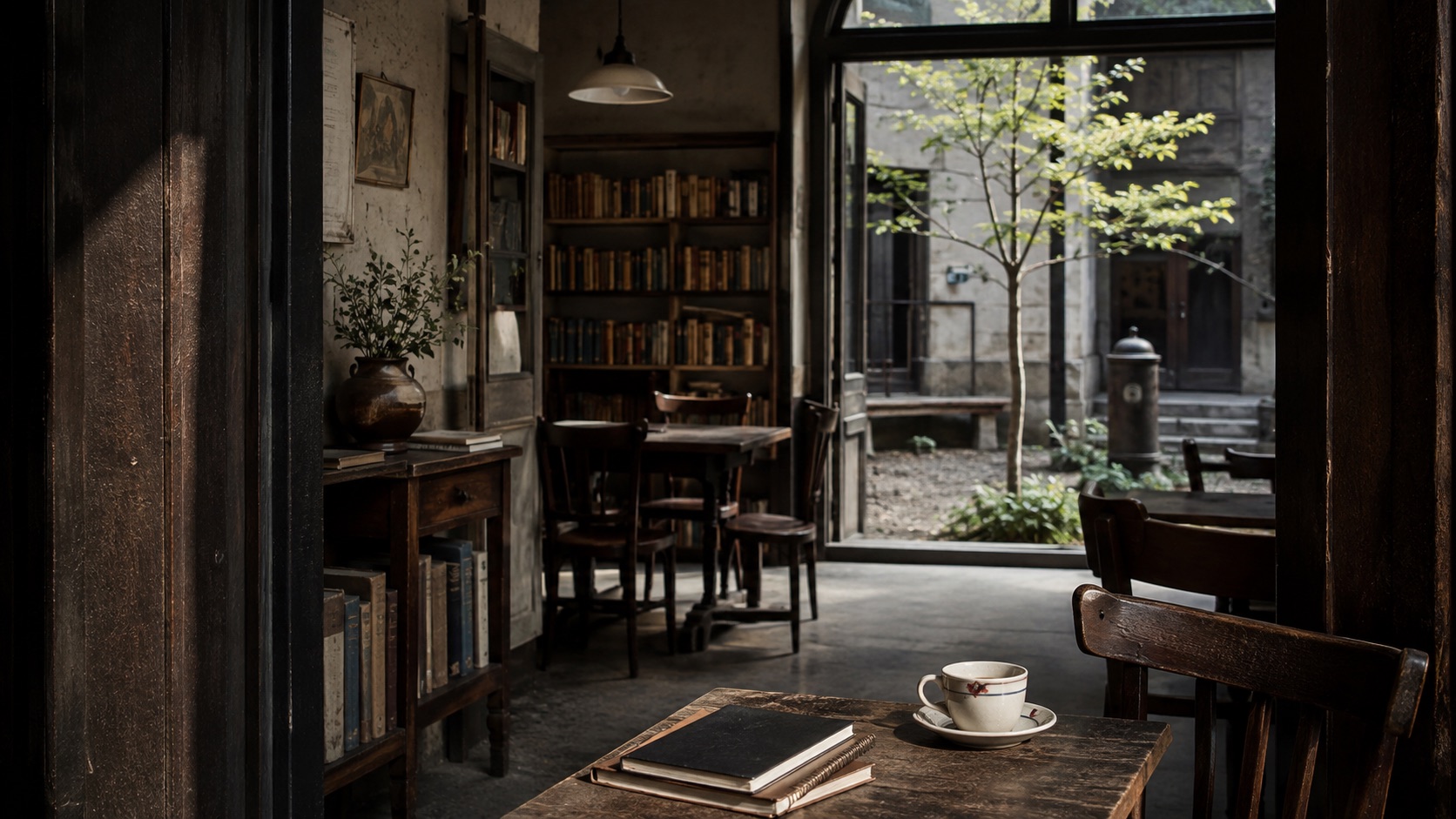 An imagined mid-twentieth-century European reading room with notebooks, a cup and a small courtyard tree.