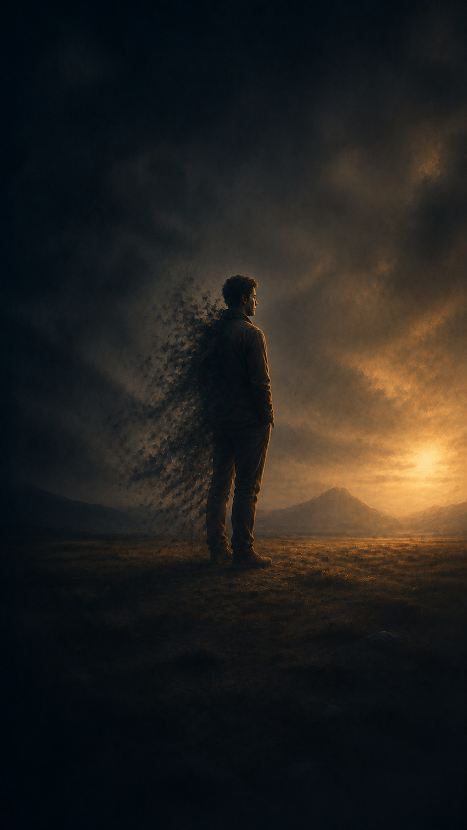 A solitary person standing on firm ground as a weathered shadow blends into warm light