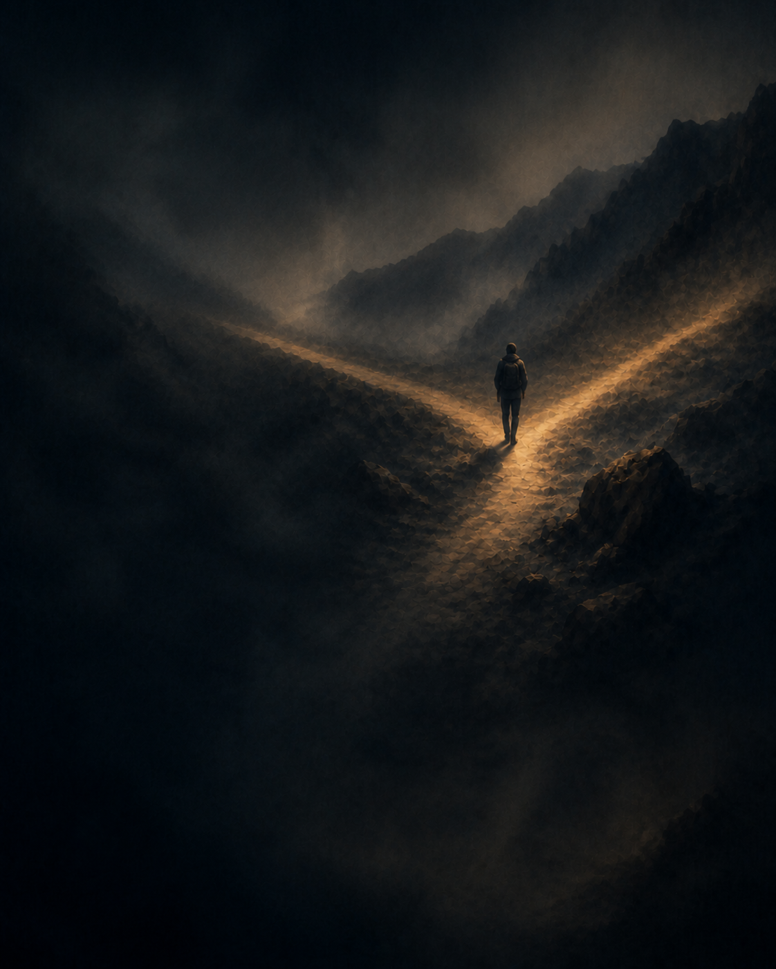 A lone figure taking a step at a misty mountain crossroads