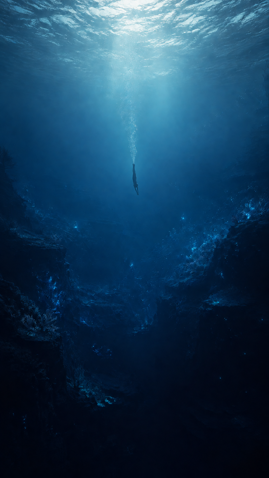 A solitary diver descending from the luminous ocean surface toward a vast hidden world below