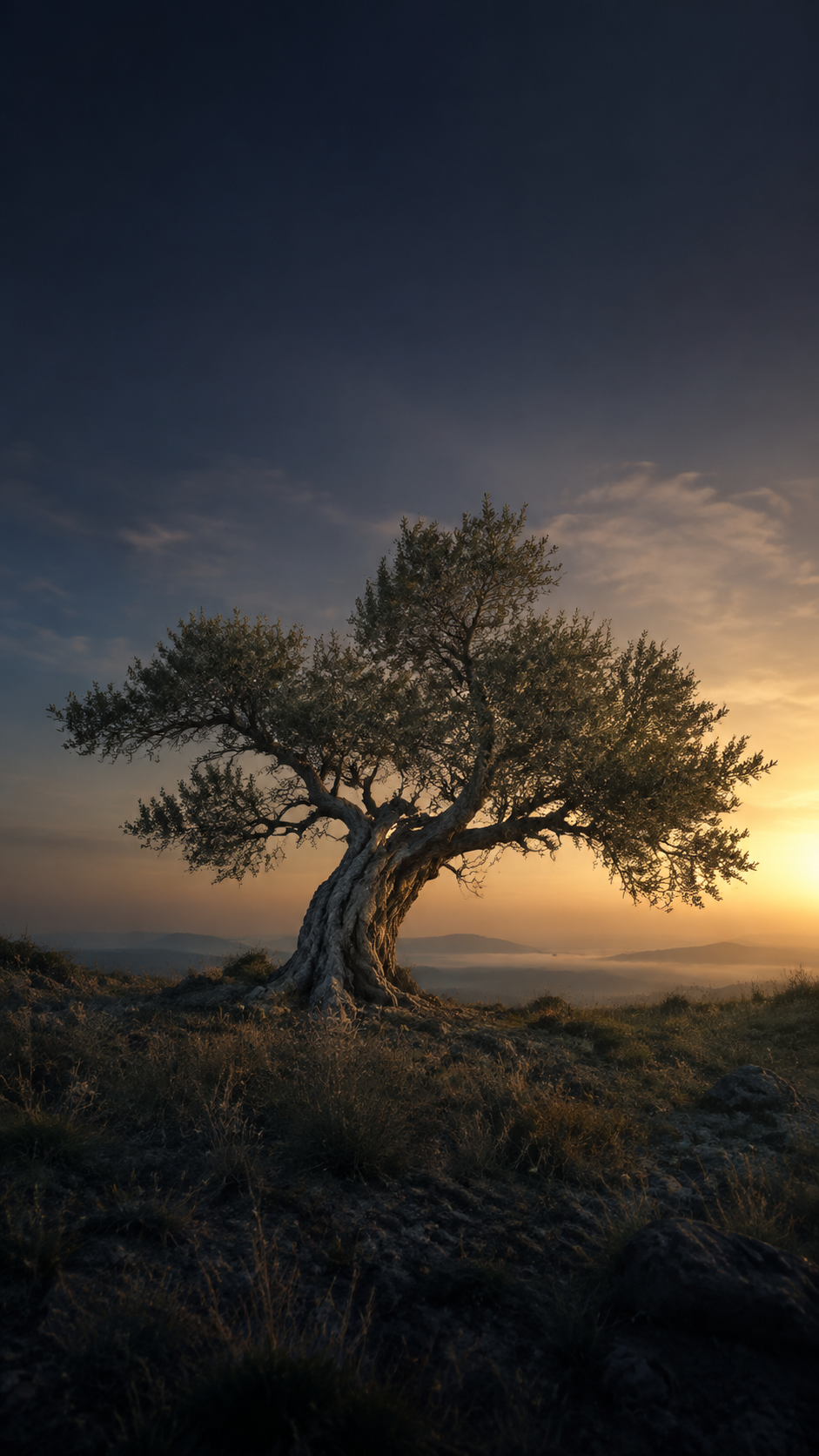 A mature olive tree growing in its natural irregular form at dawn