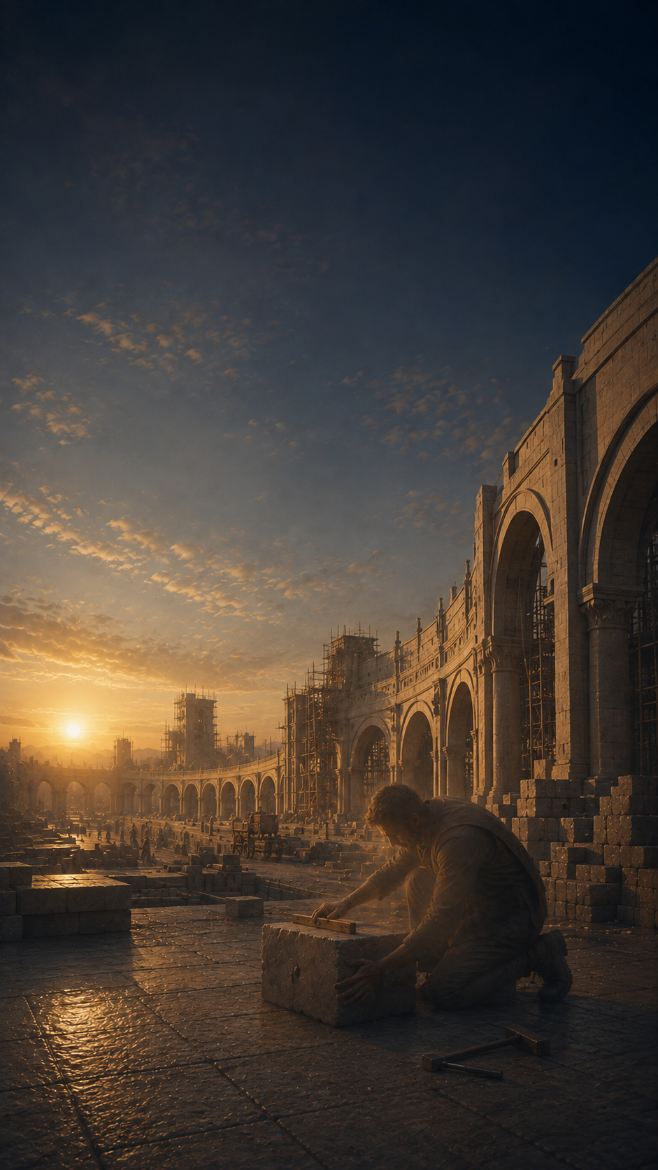 A craftsman carefully aligning one stone within a magnificent structure under construction