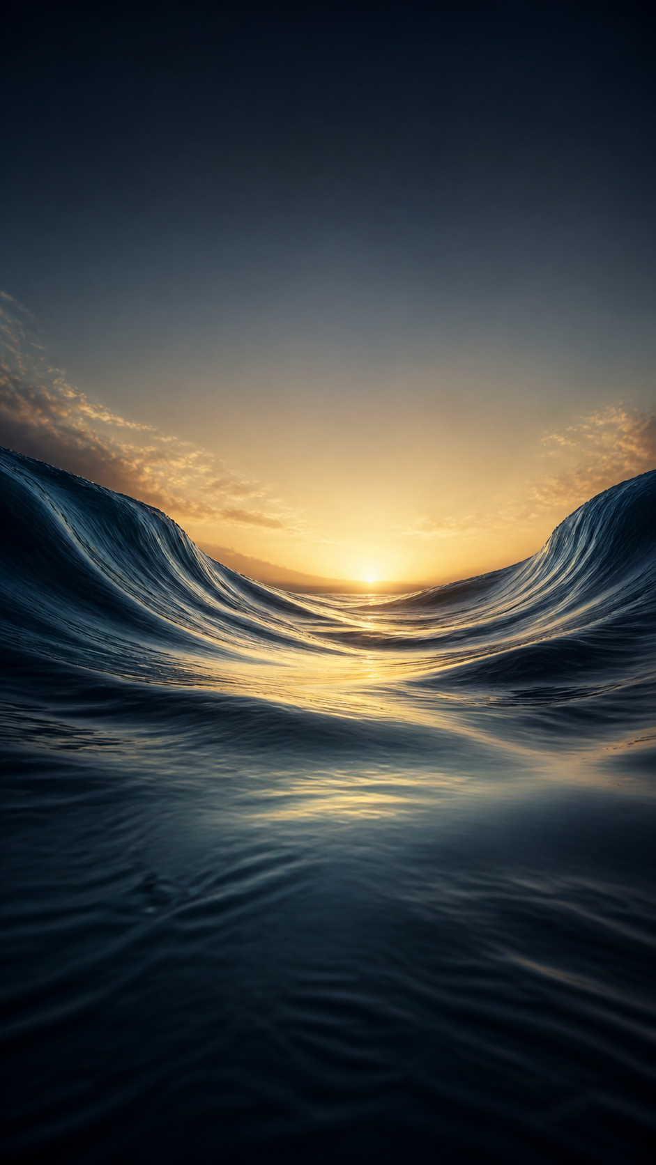 A calm ocean trough between two graceful waves as warm light rises at the horizon