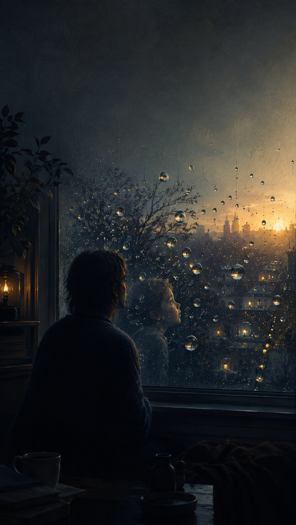 An adult and a childlike reflection looking through rain toward a luminous city